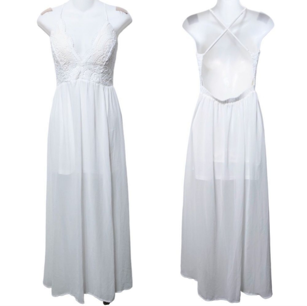 SHINE STAR White, Used Crochet Lace Maxi Open Back Spaghetti Straps Dres…